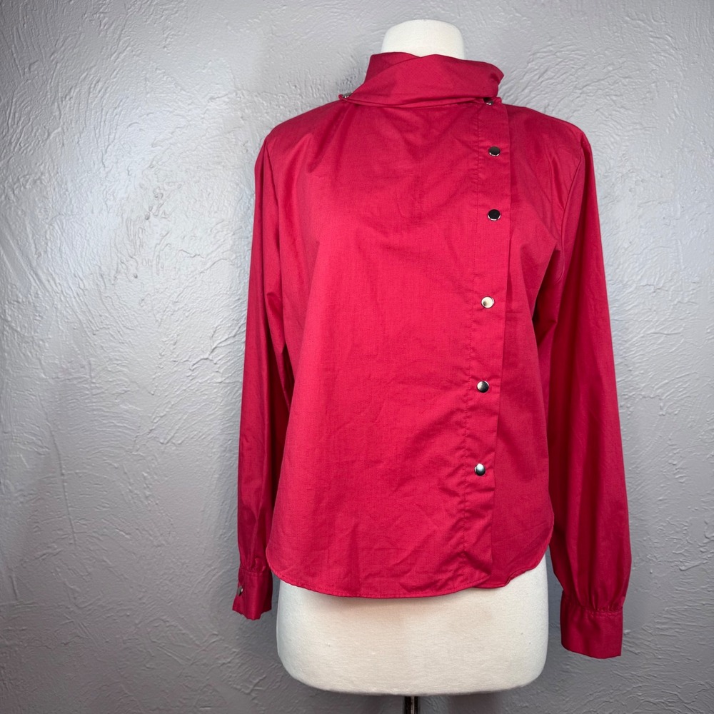 Vintage 80's Women Med Red Long Sleeve New Wave Gold Button Asymmetrical shirt